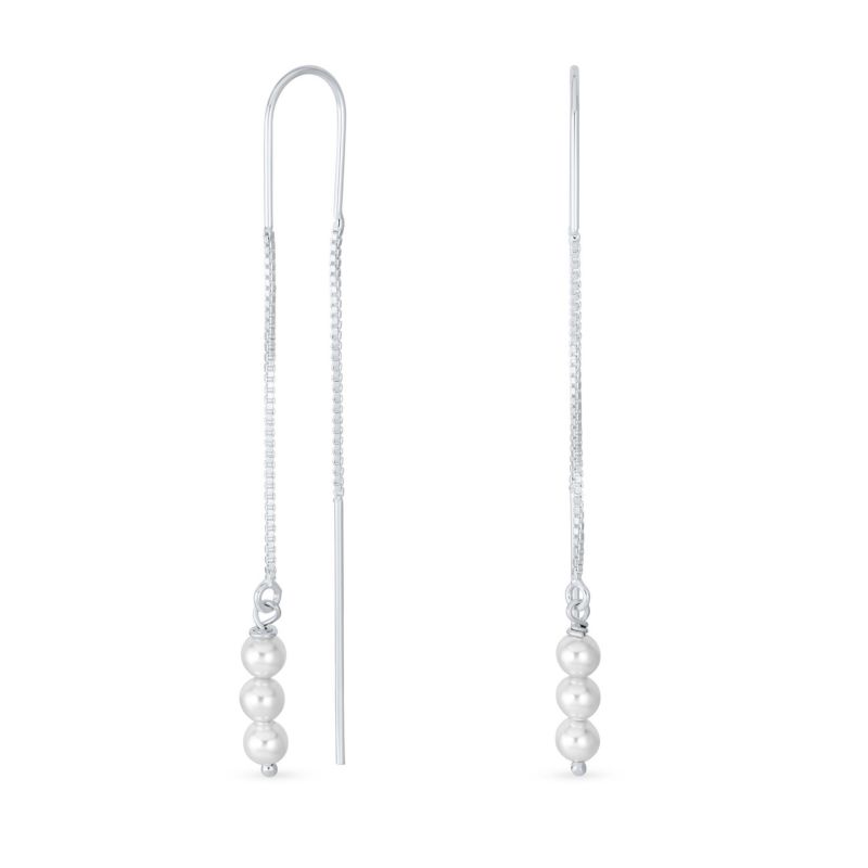 Minimalist Pearl Beads Threader Earrings Sterling Silver Stabilizing U Hook