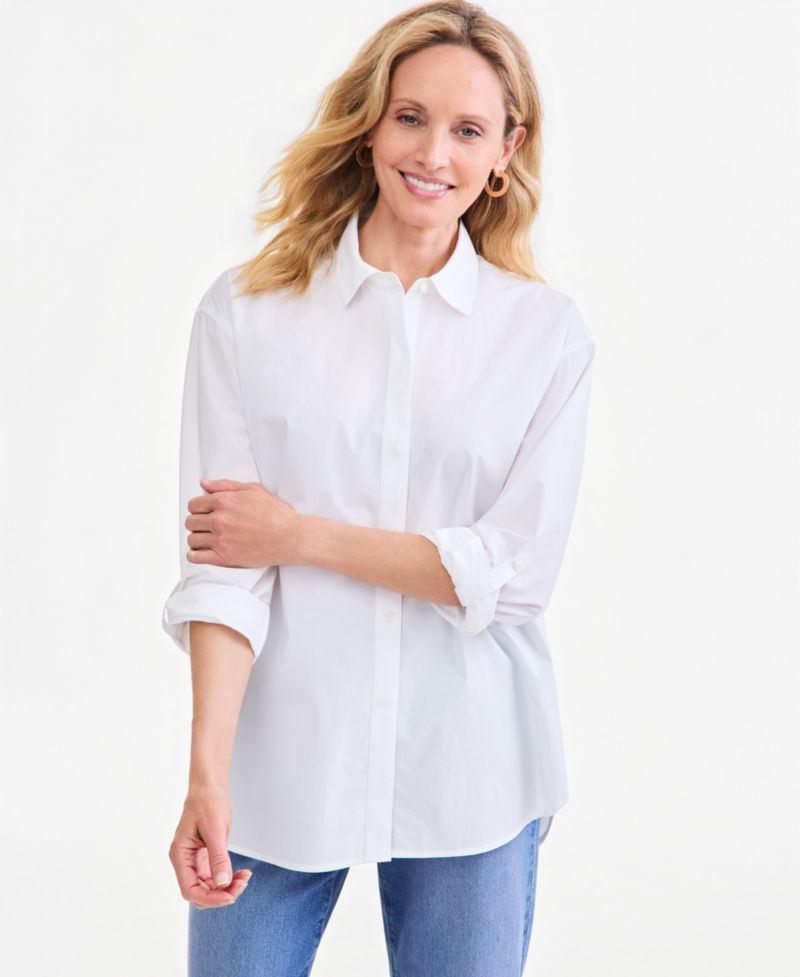 Petite Oversized Roll-Tab Button-Front Shirt