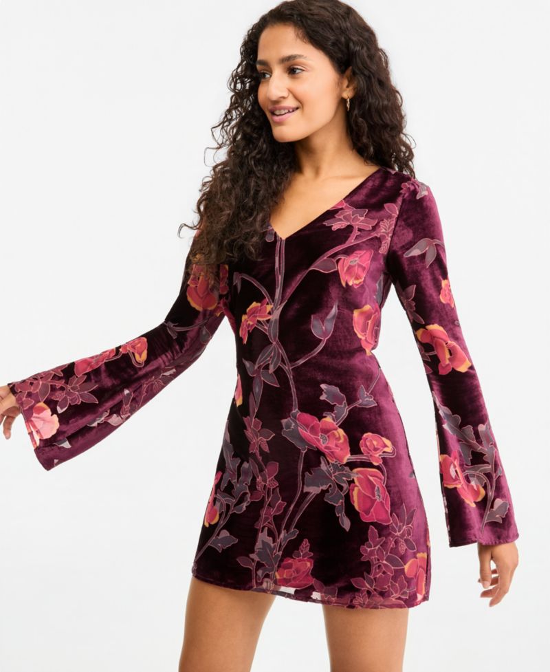 Women's Burnout Velvet Floral-Print Bell Sleeve Mini Dress
