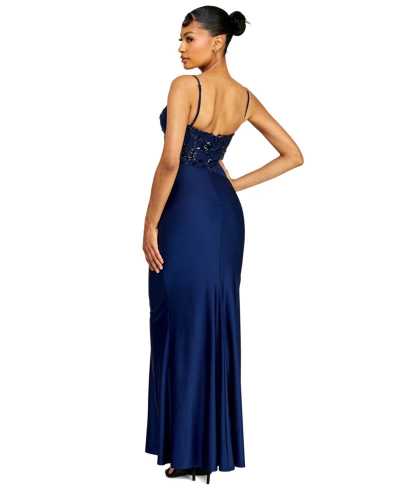 Juniors' V-Neck Beaded Sequin Asymmetrical Waist Gown