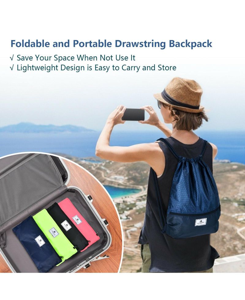 Drawstring Backpack String Bag with Zipper Pocket Foldable Design