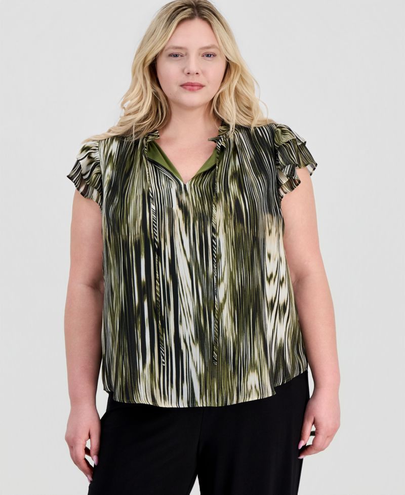 Plus Size Ruffle-Sleeve Tie-Neck Blouse