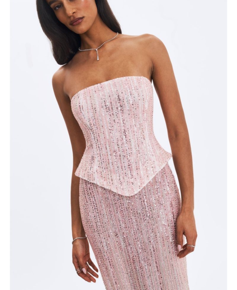 Women's Tosca Pink-to-White Beaded Gradient Strapless Maxi Dress