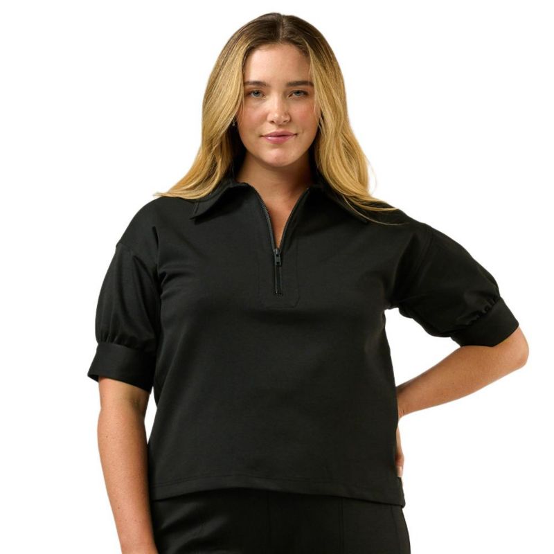 Plus Size Jolene Ponte Collared Zip-Up Short Sleeve Top