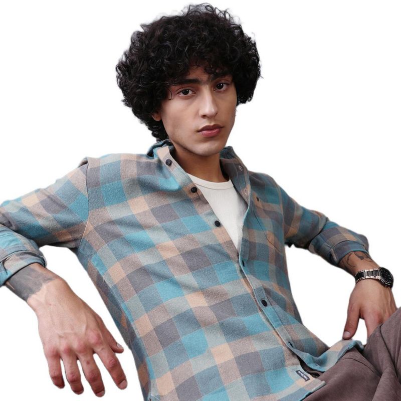 Men's Sky Blue & Ecru Beige Block-Buffalo Regular Shirt