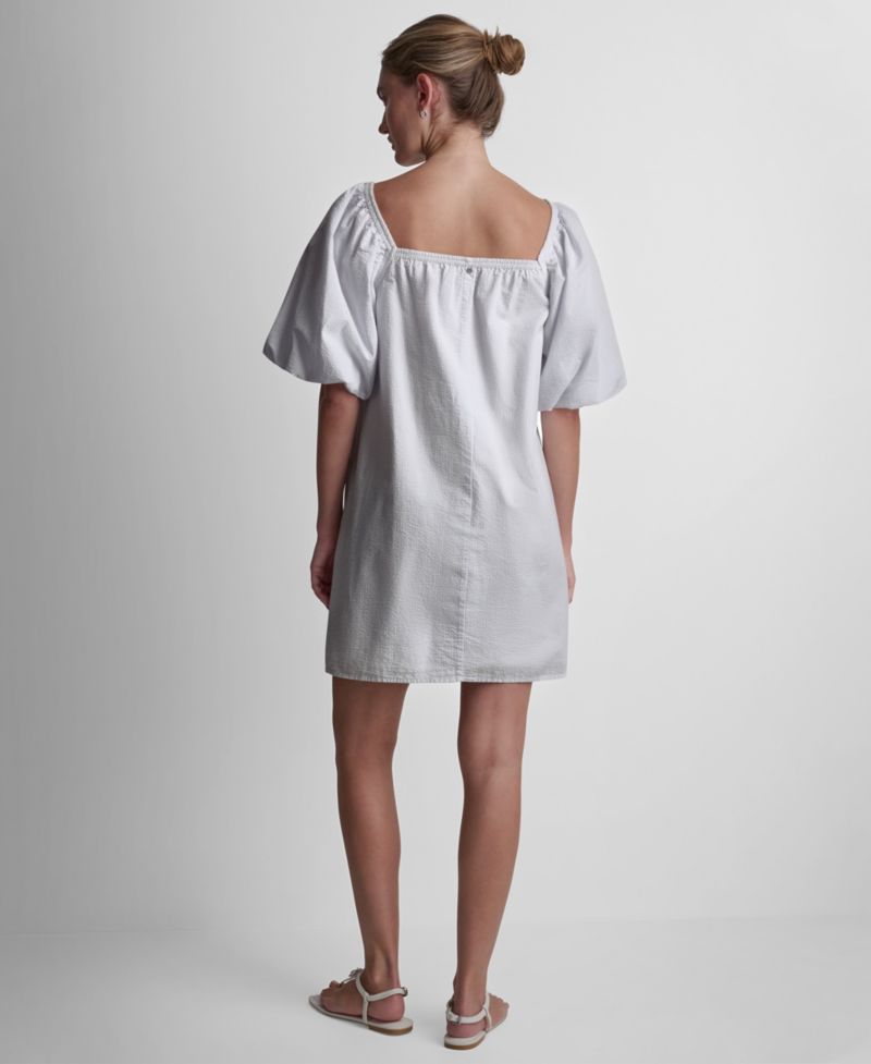 Women's Half Puff-Sleeve Seersucker Mini Dress with Square Neckline