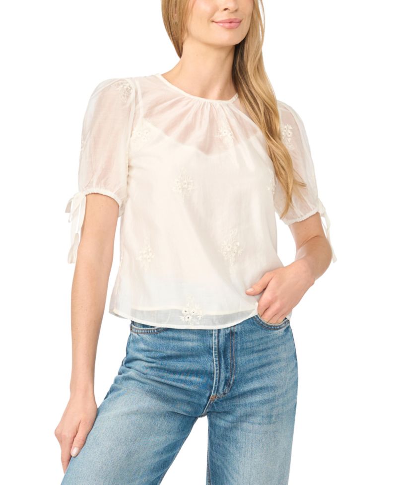 Women's Bubble Short-Sleeve Floral-Print Shirred Neck Top