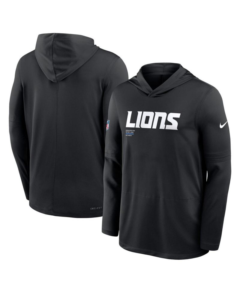 Men's Black Detroit Lions Big & Tall Sideline Performance Long Sleeve Hoodie T-Shirt