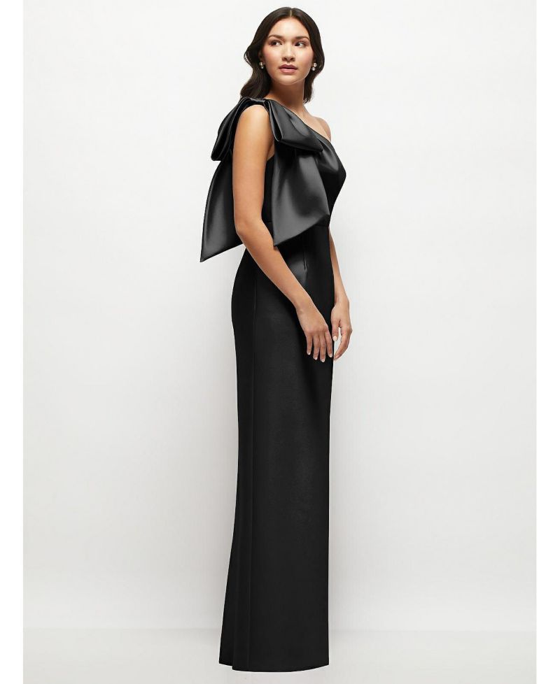 Women's Oversized Bow One-Shoulder Satin Column Maxi Dress