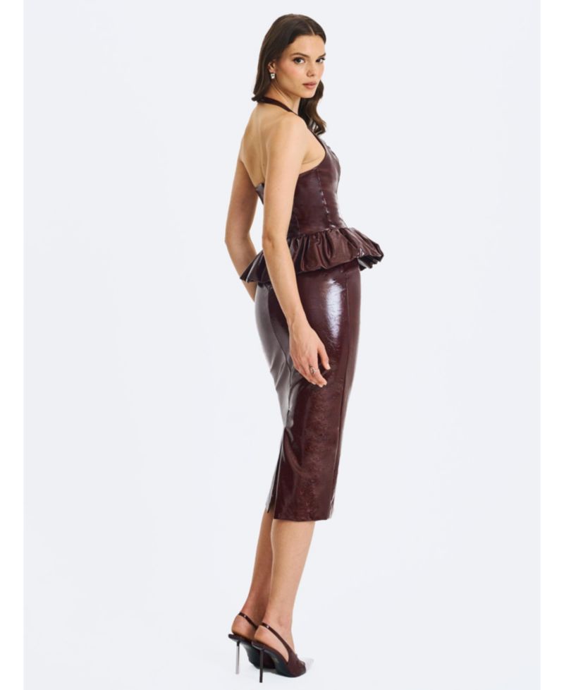 Women's Jaslene Mahogany Ruched Peplum Plunge Halter Midi Dress