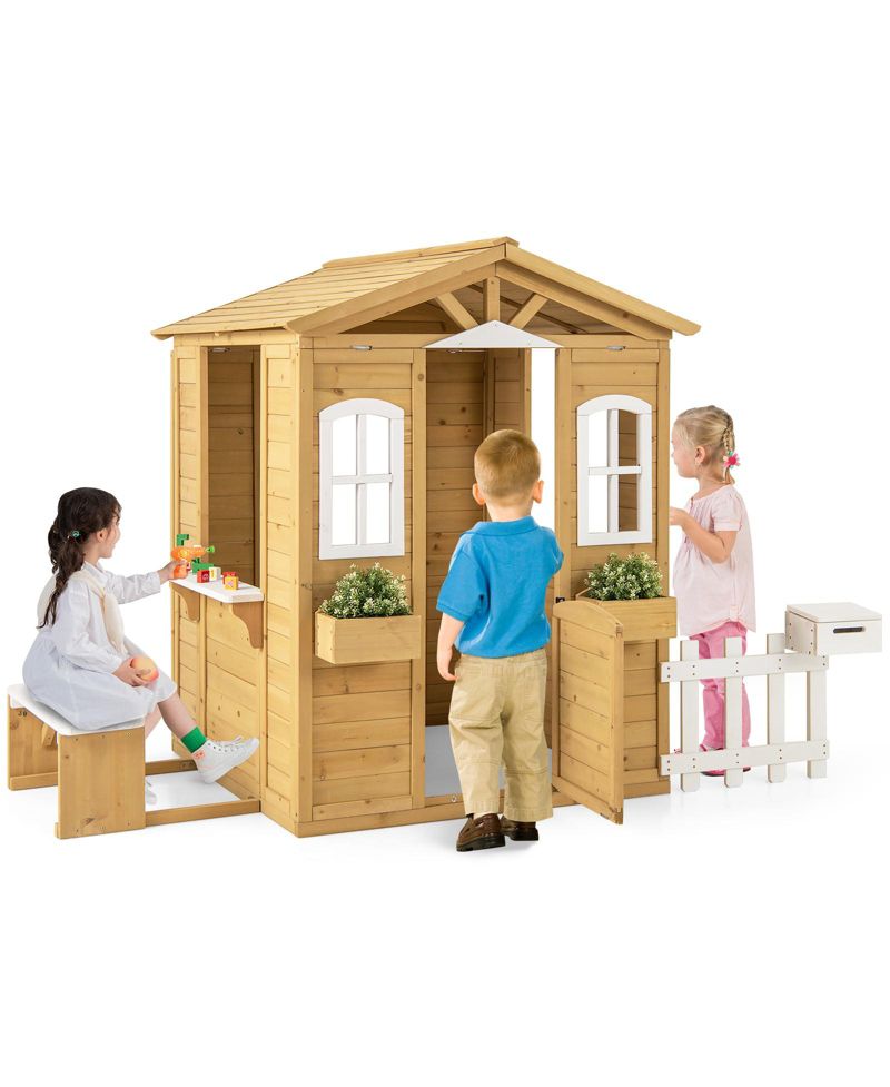 Wood Playhouse for Kids Outdoor Adventures Cottage w/ Bench Play Game Center
