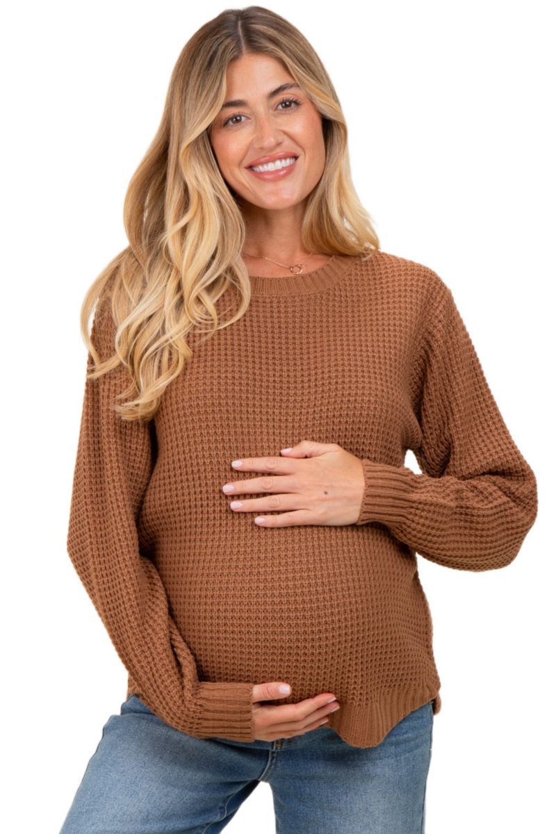Women's Beige Waffle Knit Round Hem Sweater