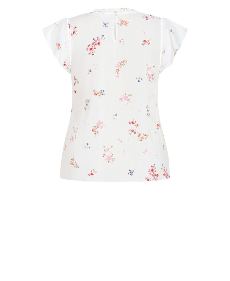 Plus Size Fleur Petal Print Top with Frilled-Crew Neckline and Short Flutter Sleeves
