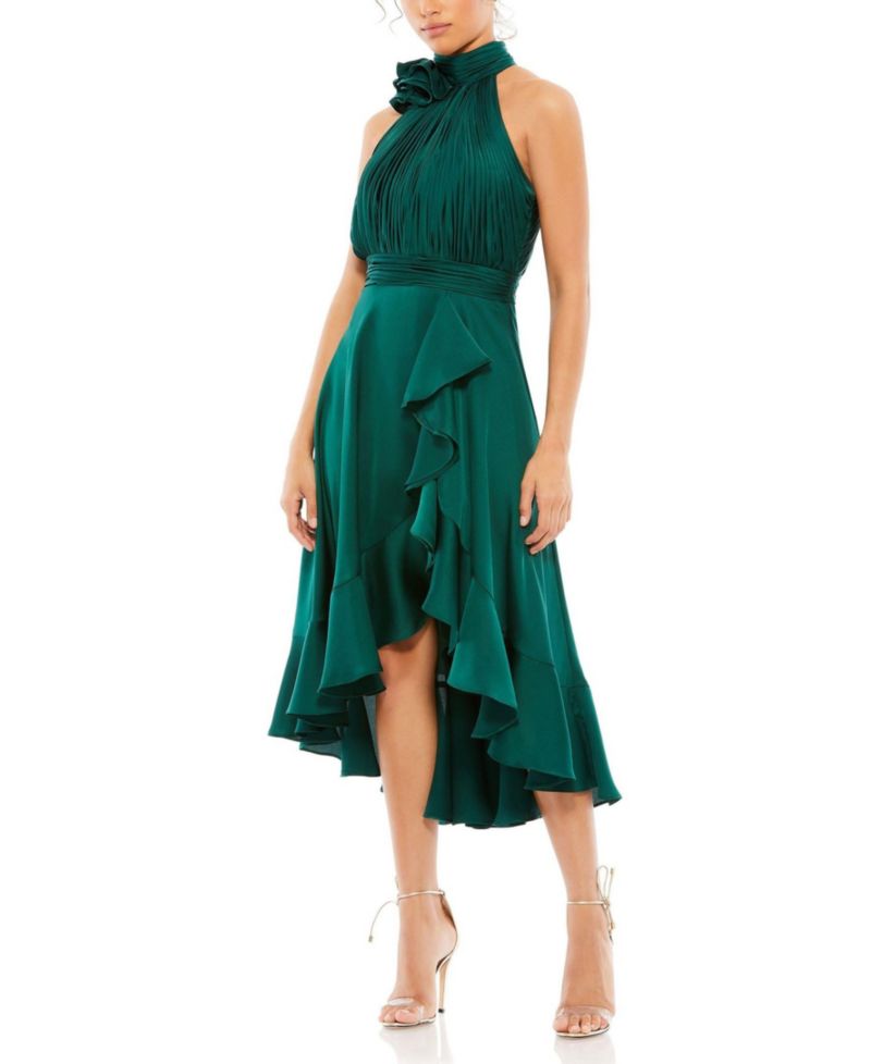 Women's Halter Neck Flower Detail Ruffled Midi Dress