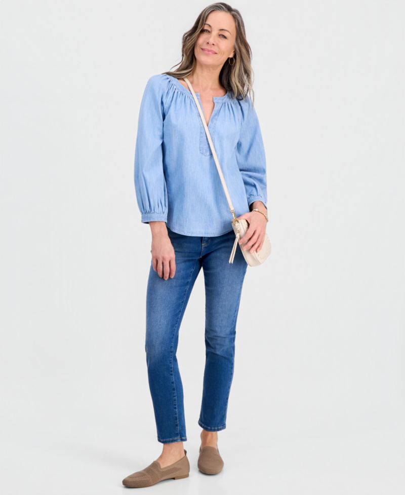 Petite Denim Trapunto-Stitch Blouse