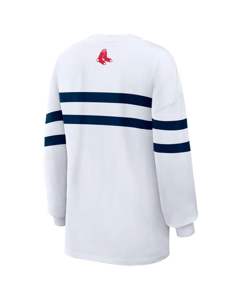 Women's White Boston Red Sox Oversized Long Sleeve Striped T-Shirt