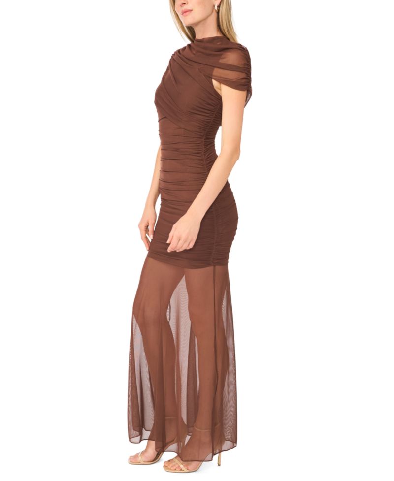 Women's Asymmetric-Ruched Cape-Sleeve Maxi Dress