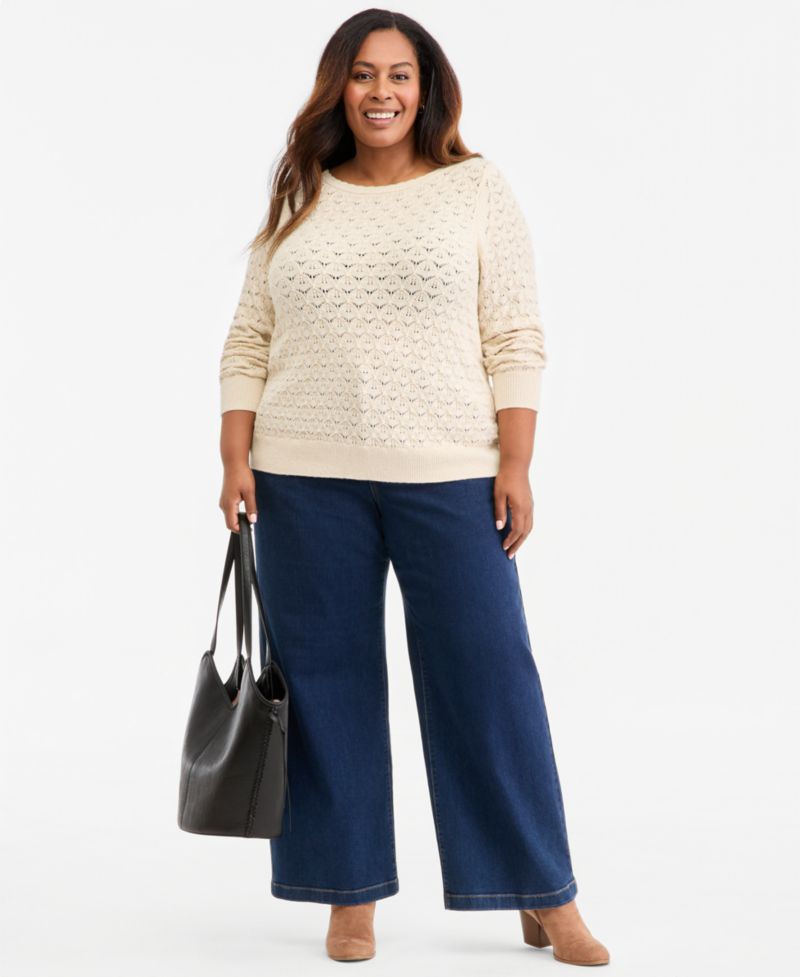 Plus Size Lurex Boatneck Pointelle Sweater