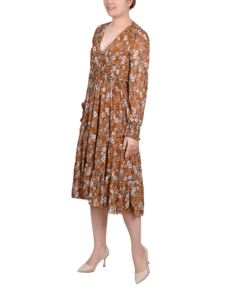Women's Long-Sleeve Clip Dot Chiffon Dress with Smocked Waist and Cuffs Dress