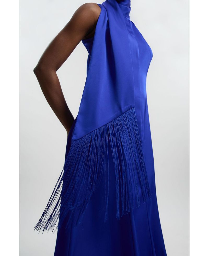 Women's Satin Cowl Neck Scarf Fringe Maxi Dress