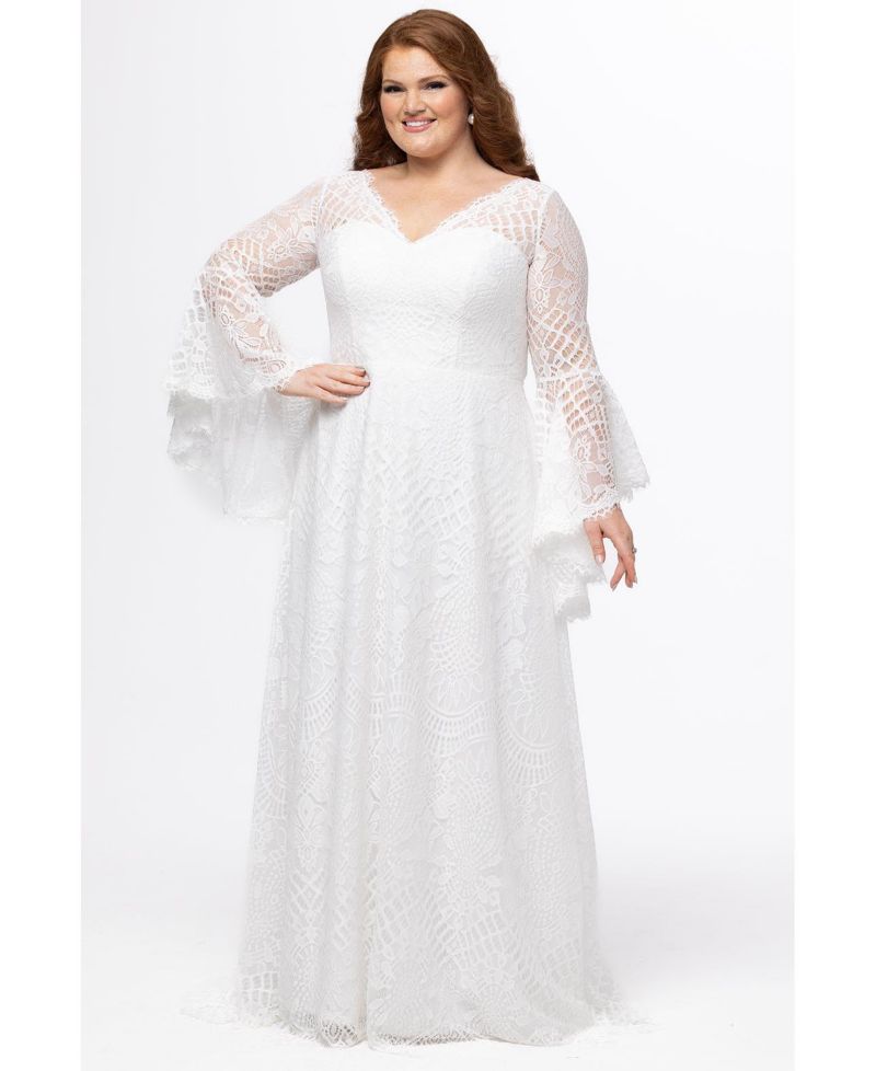 Women's Boho Lace Wedding Dress with Bell Sleeves