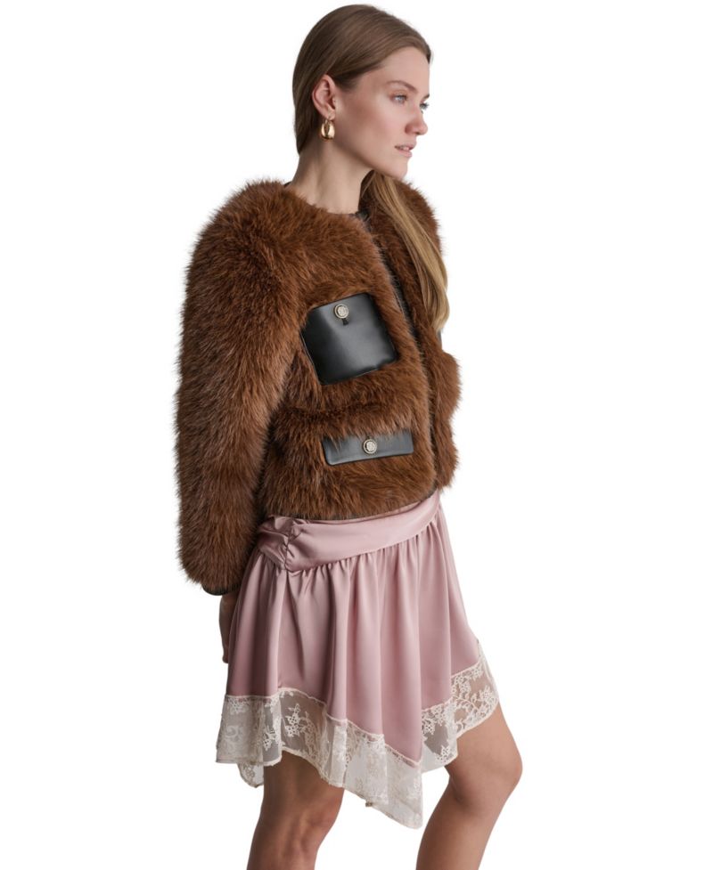 Women's Cropped Faux Fur Jacket with Faux Leather Trim