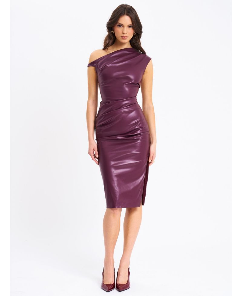 Women's Sabina Purple Leather Slash Neck Midi Dress
