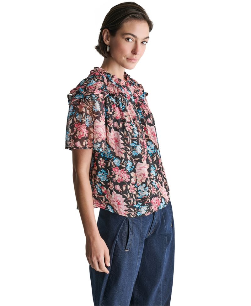 Women's Floral Sheer Ruffle-Detail Blouse