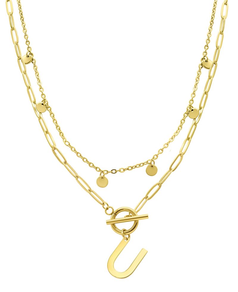 Tarnish Resistant 14K Gold-Plated Confetti and Paperclip Layered Initial Toggle Necklace