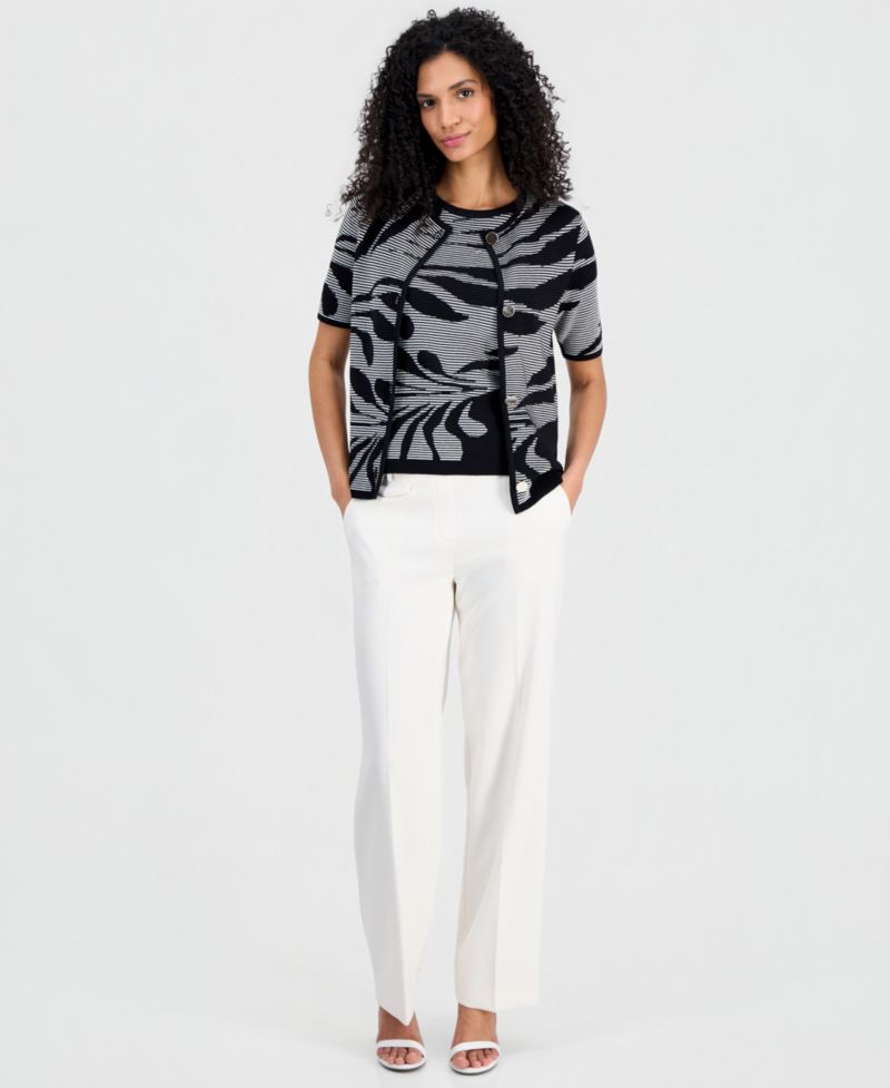 Women's Jacquard-Knit Short-Sleeve Cardigan Sweater