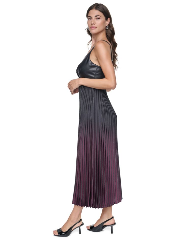 Women's A-Line Midi Pleated Foiled Ombre Dress