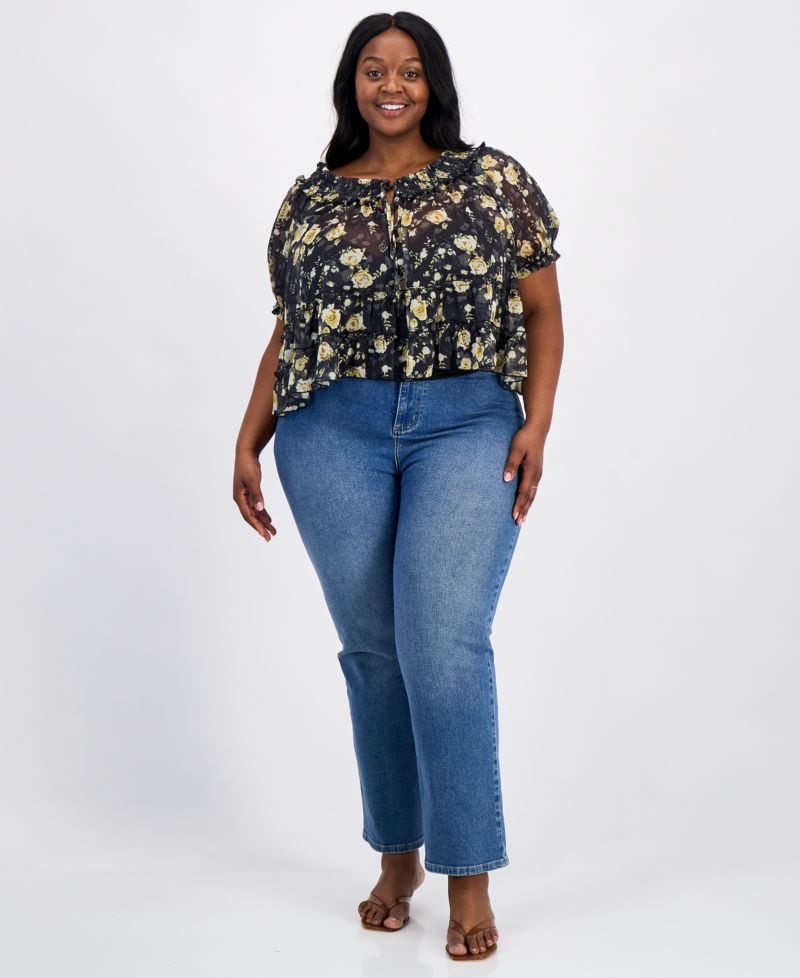 Trendy Plus Size Tie-Front Puff-Sleeve Top