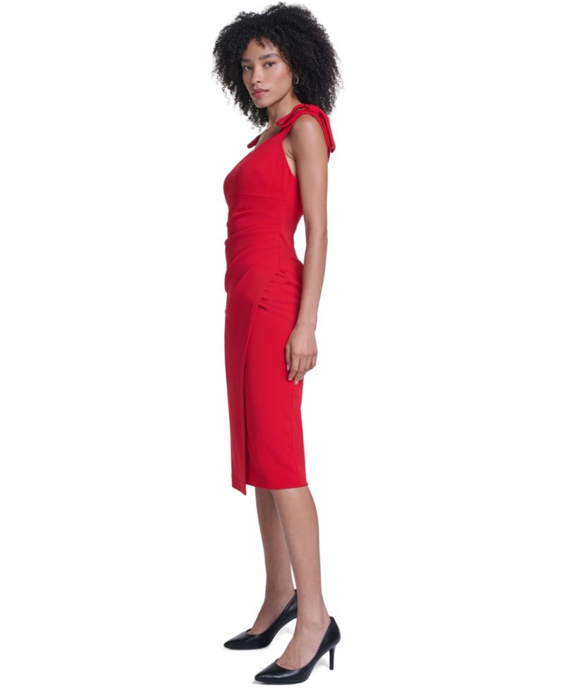 Women's Scuba Crepe Sheath with Bow Straps Sleeveless Knee-Length Dress