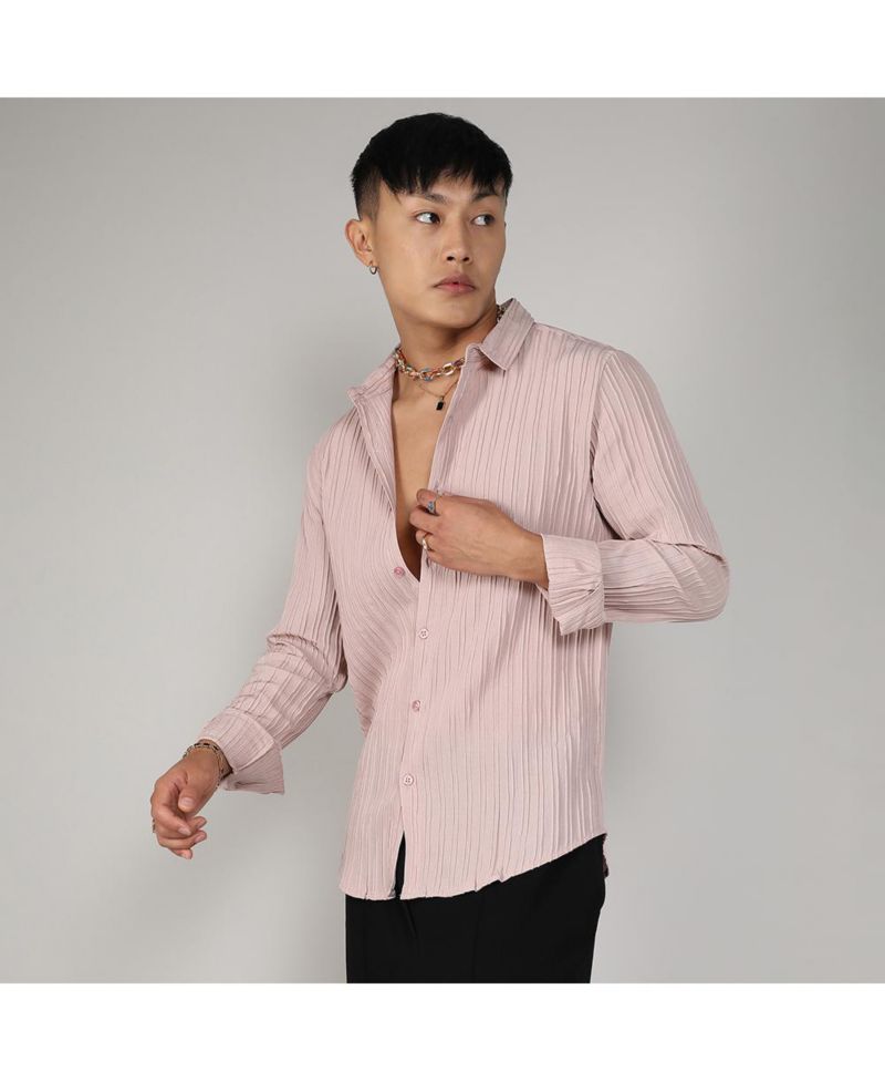 Men's Blush Pink Self-Design Striped Shirt