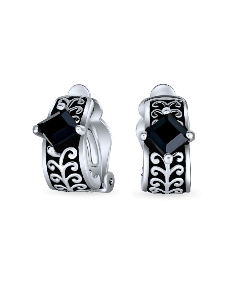 Bali Style Black Crystal Scroll Half Hoop Clip-On Earrings Silver Oxidized