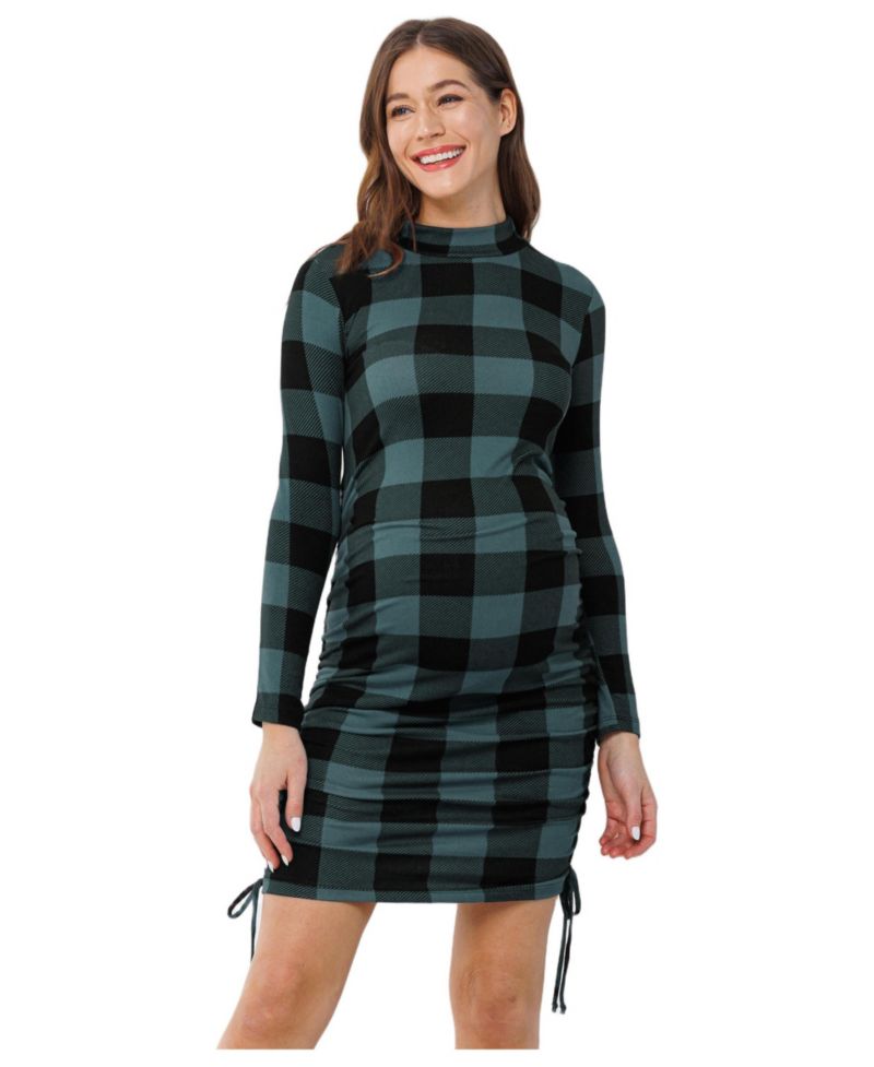 Women's Bodycon Plaid Side Ruched Long Sleeve Dress