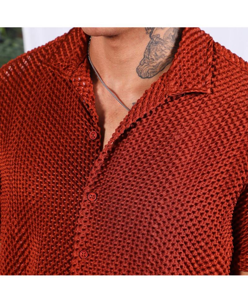 Men's Terracotta Brown Puffy-Textured Shirt