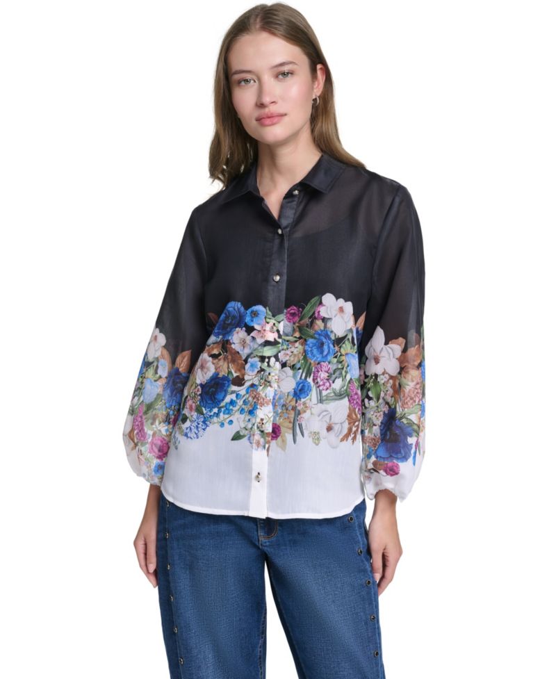 Women's Printed Organza Puff-Sleeve Blouse