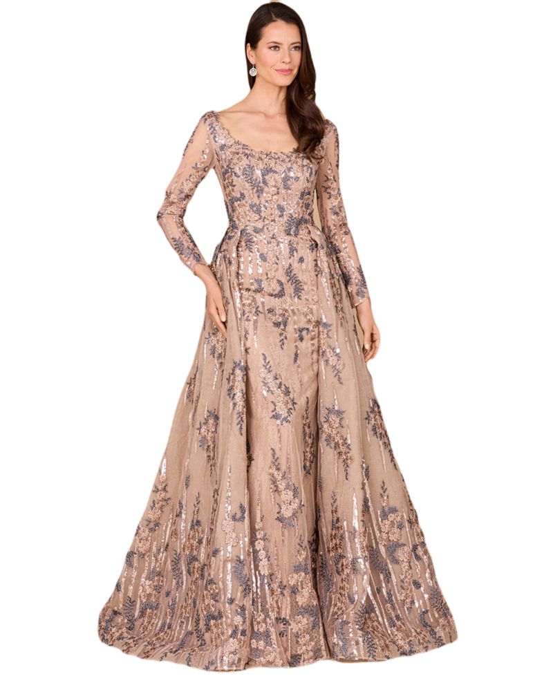 Women's Long Sleeve Lace Gown with Overskirt
