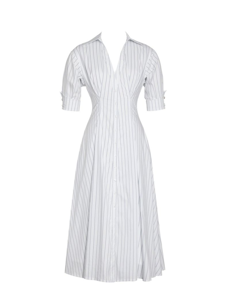 Women's Palina Pinstripes Cotton Poplin Pleated Midi Preppy Shirt Dress