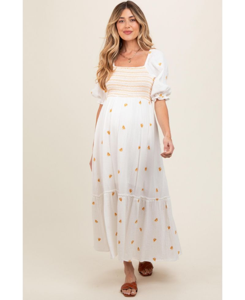 Women's Ivory Gauze Smocked Embroidered Square Neck Midi Dress