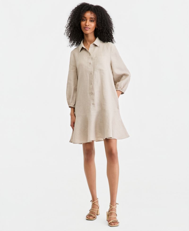 Plus Size 100% Linen Collared Flounce Dress