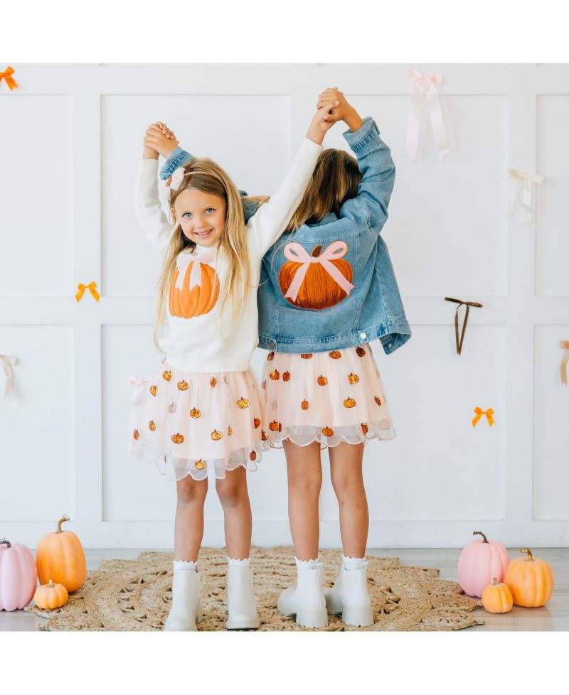 Toddler Girls Coquette Pumpkin Sequin Patch Denim Jacket