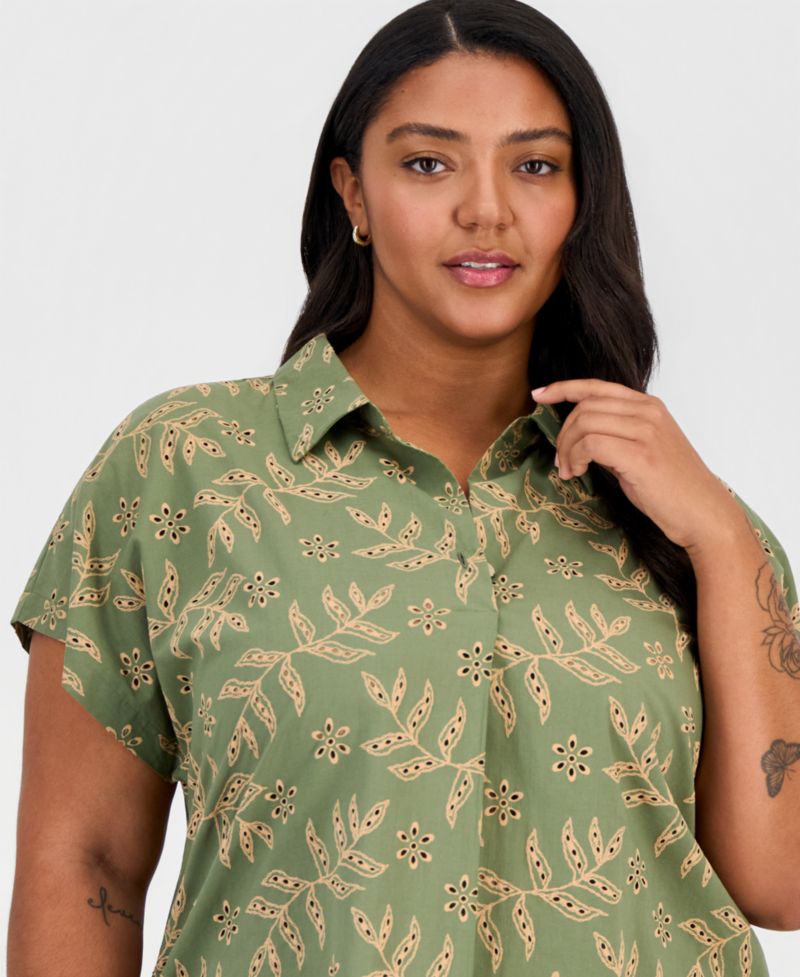 ASL Plus Size Embroidered-Look Short-Sleeve Camp Shirt