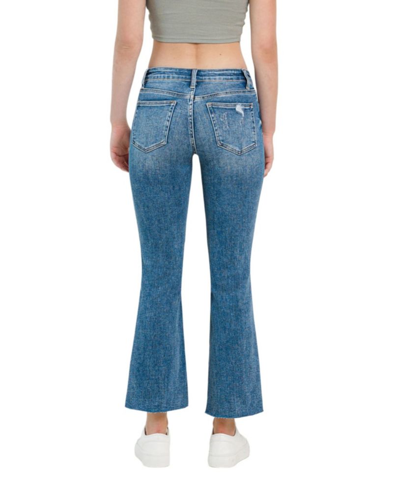 Women's Mid Rise Uneven Hem Ankle Kick Flare Jeans