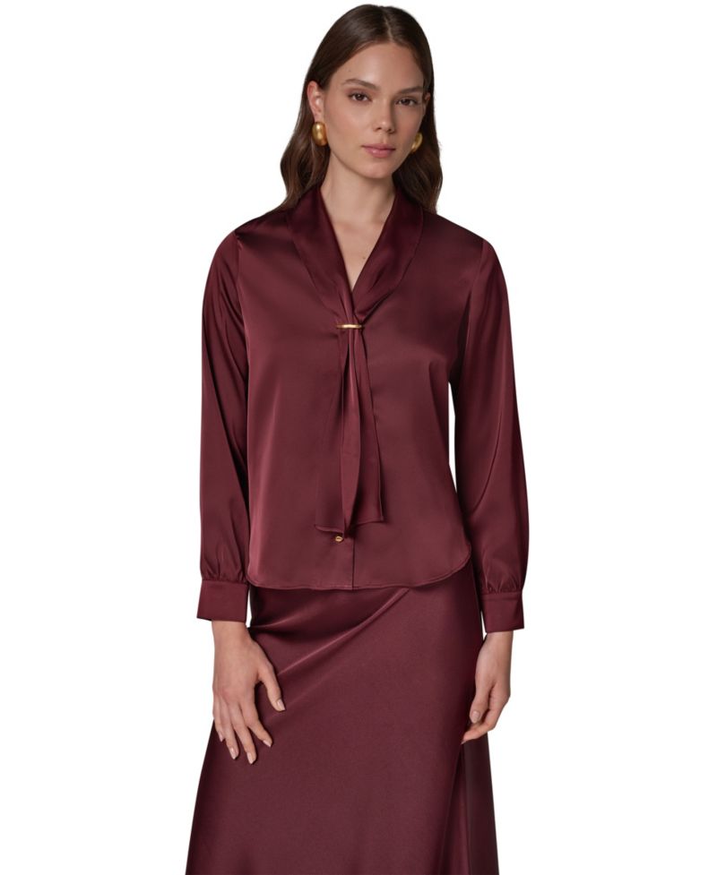 Petite Long-Sleeve V-Neck Scarf Detail Blouse