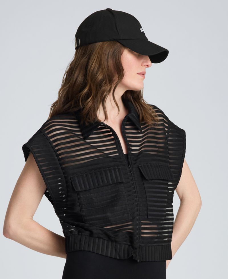 Women's Rib Mesh Sleeveless Cardigan with Chest Pockets