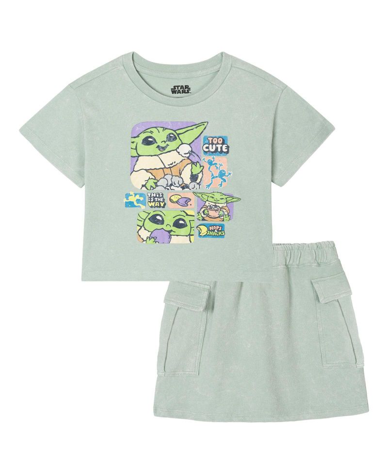 Girls' 4-16 Grogu Graphic Mineral-Wash T-Shirt and Skort, 2-Piece Set