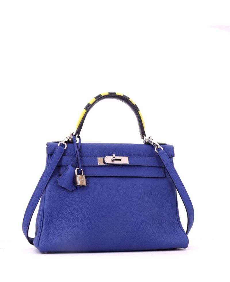 Pre-Owned Hermes Kelly 28 Handbag Blue Togo with Palladium Hardware