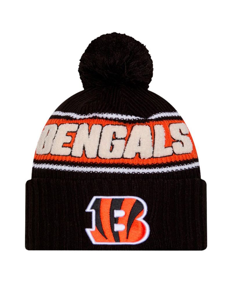 Men's Black Cincinnati Bengals 2024 Sideline Cuffed Knit Hat with Pom